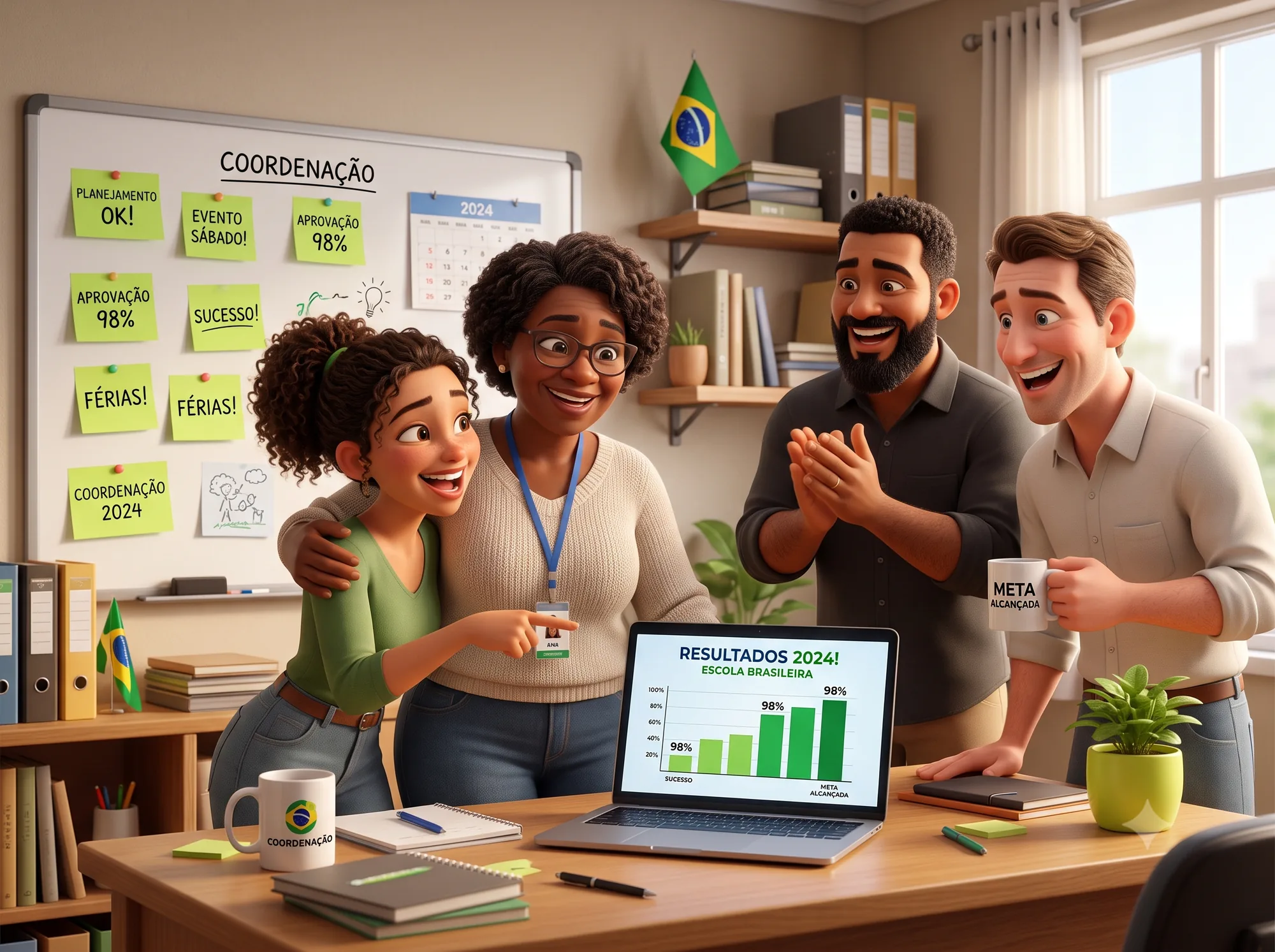 Ilustração 3D estilo Pixar: equipe pequena de escola comemora em volta de um notebook numa sala de coordenação, post-its verde-lima no quadro, cena noturna aconchegante.