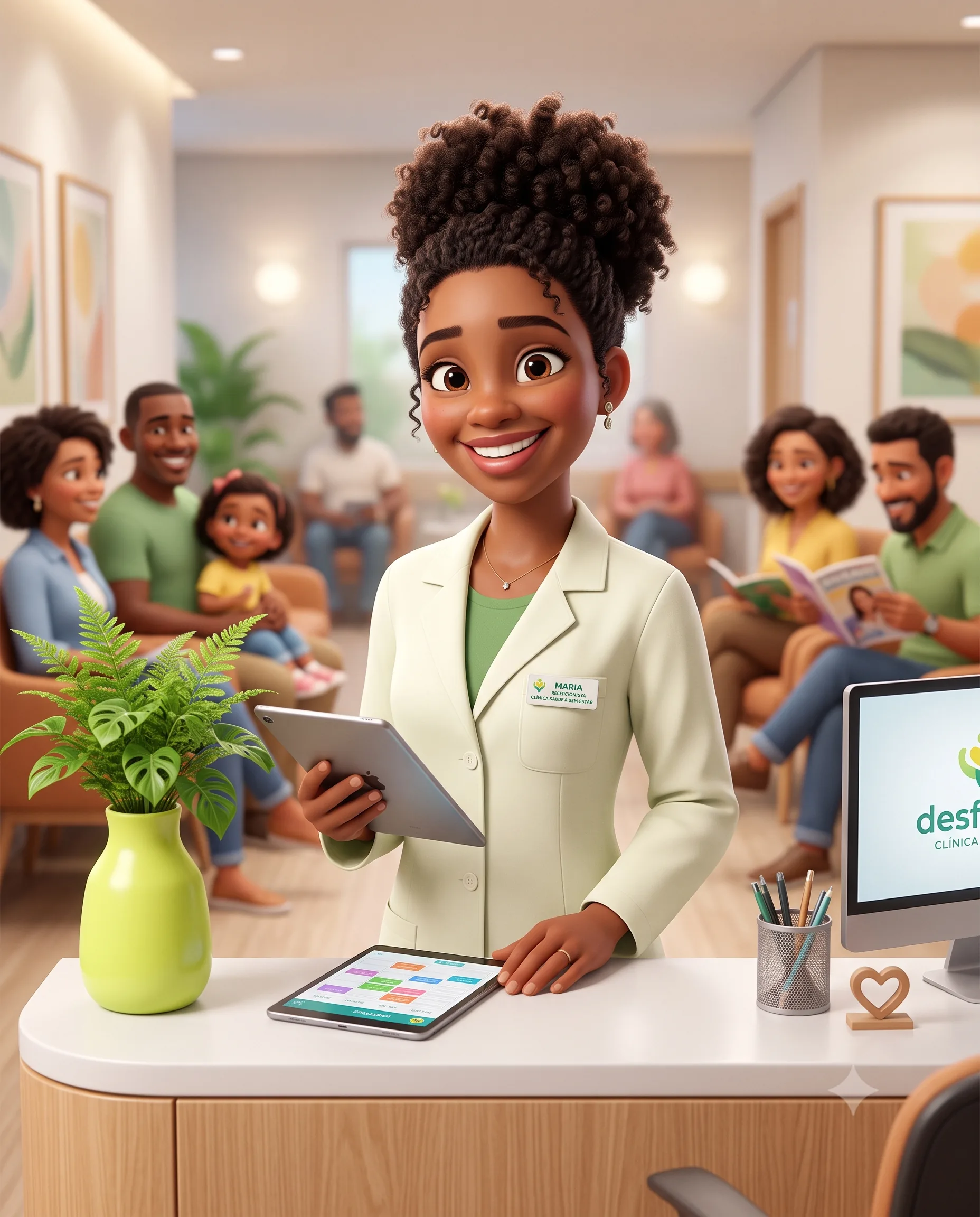 Ilustração 3D de uma recepcionista de clínica sorrindo atrás do balcão, com a agenda do dia já confirmada na tela.