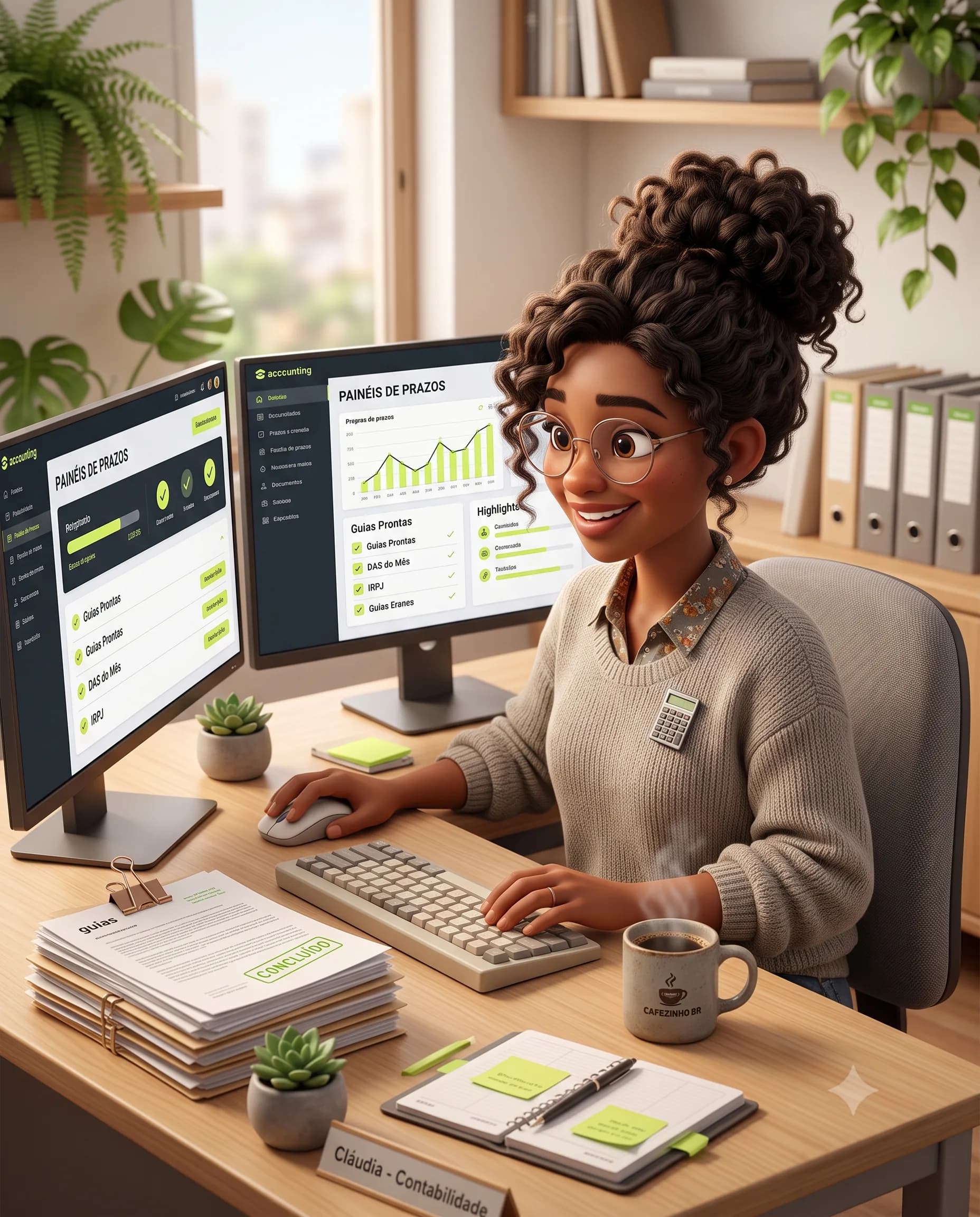 Ilustração 3D estilo Pixar: contadora no escritório, tranquila diante do computador com o painel de obrigações do mês em dia.