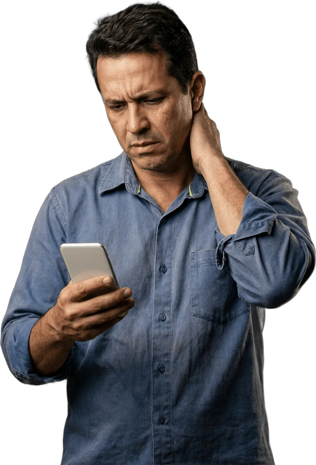 Dono de comércio à noite, olhando preocupado para o celular